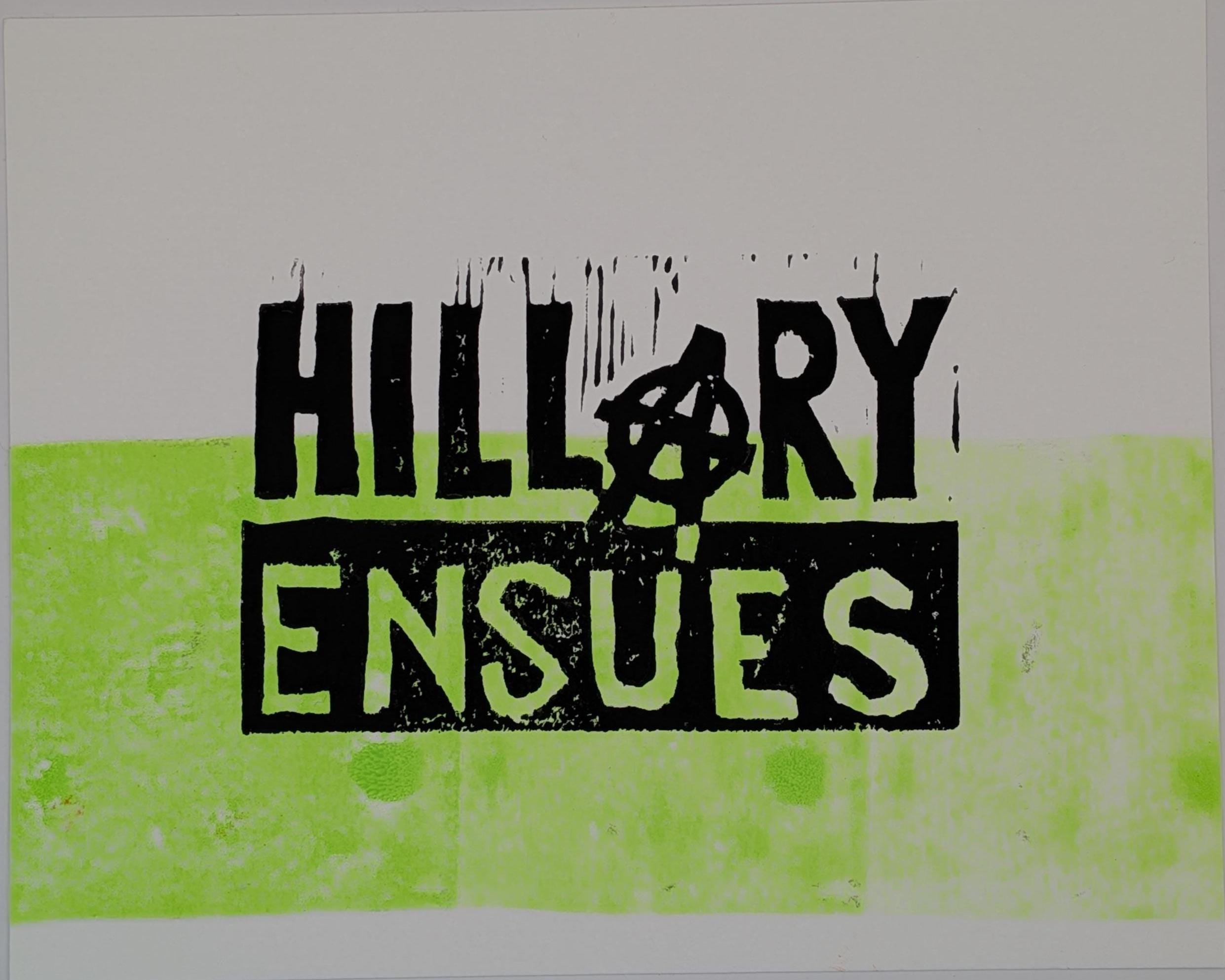 Hillary Ensues hand block-printed print — neon green and black on Strathmore bond